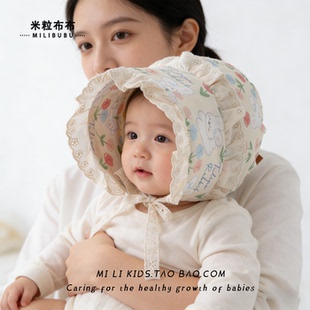 宝宝宫廷帽春秋季新款蕾丝花边护耳帽小月龄女宝印花公主帽遮阳帽