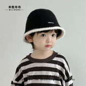 儿童渔夫帽秋冬季 洋气女童针织帽拼色保暖防风女孩毛线护耳帽 韩版
