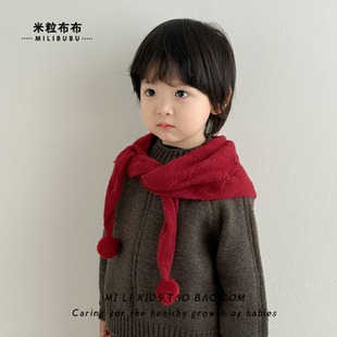 儿童三角巾秋冬季韩系纯色洋气小球针织围脖女童保暖圣诞新年围脖