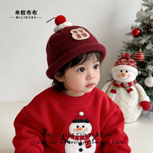 儿童红色新年帽子秋冬季卡通超萌女宝宝针织毛线帽保暖防风圣诞帽