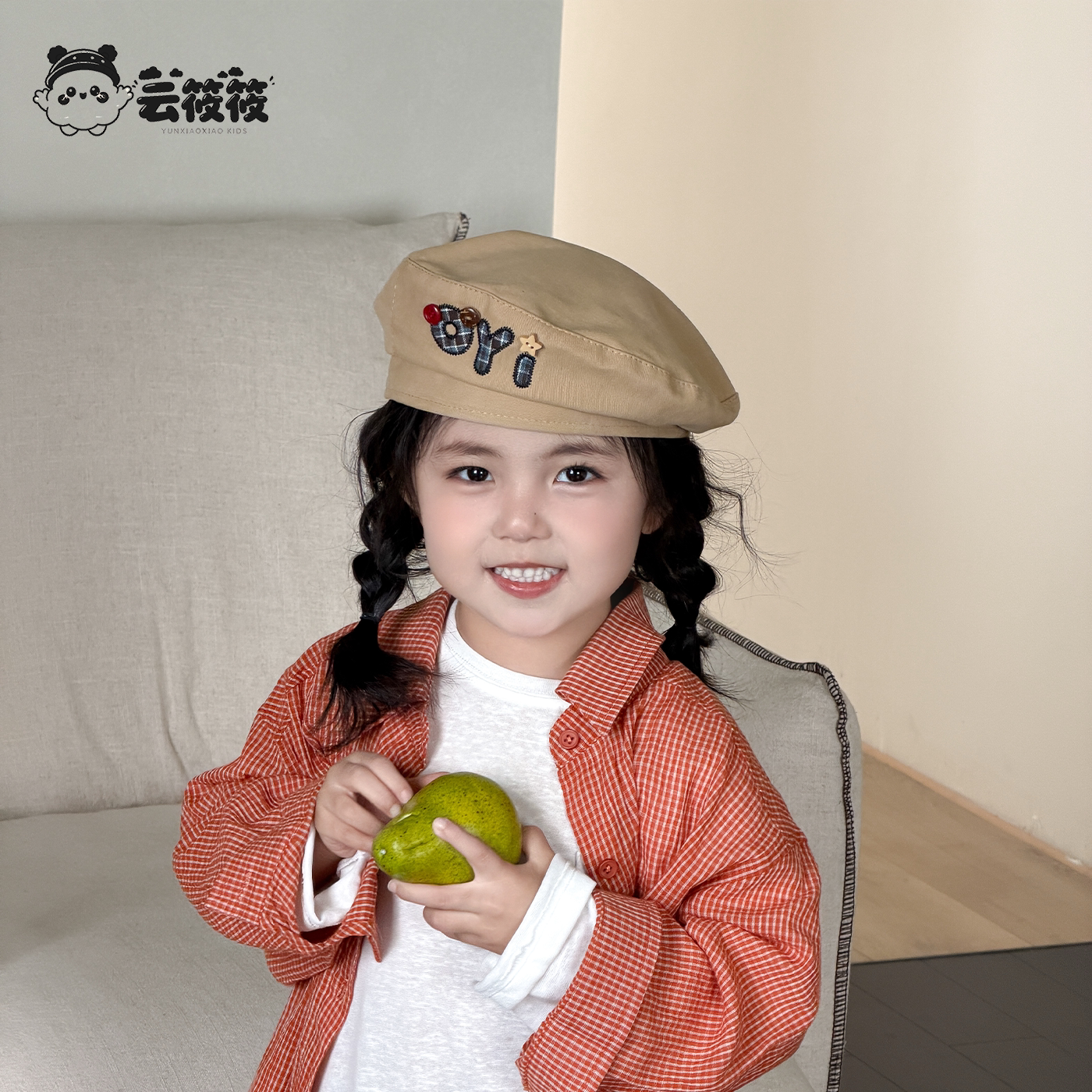 儿童贝雷帽春秋韩版字母纽扣百搭女童宝宝画家帽子复古八角蓓蕾帽