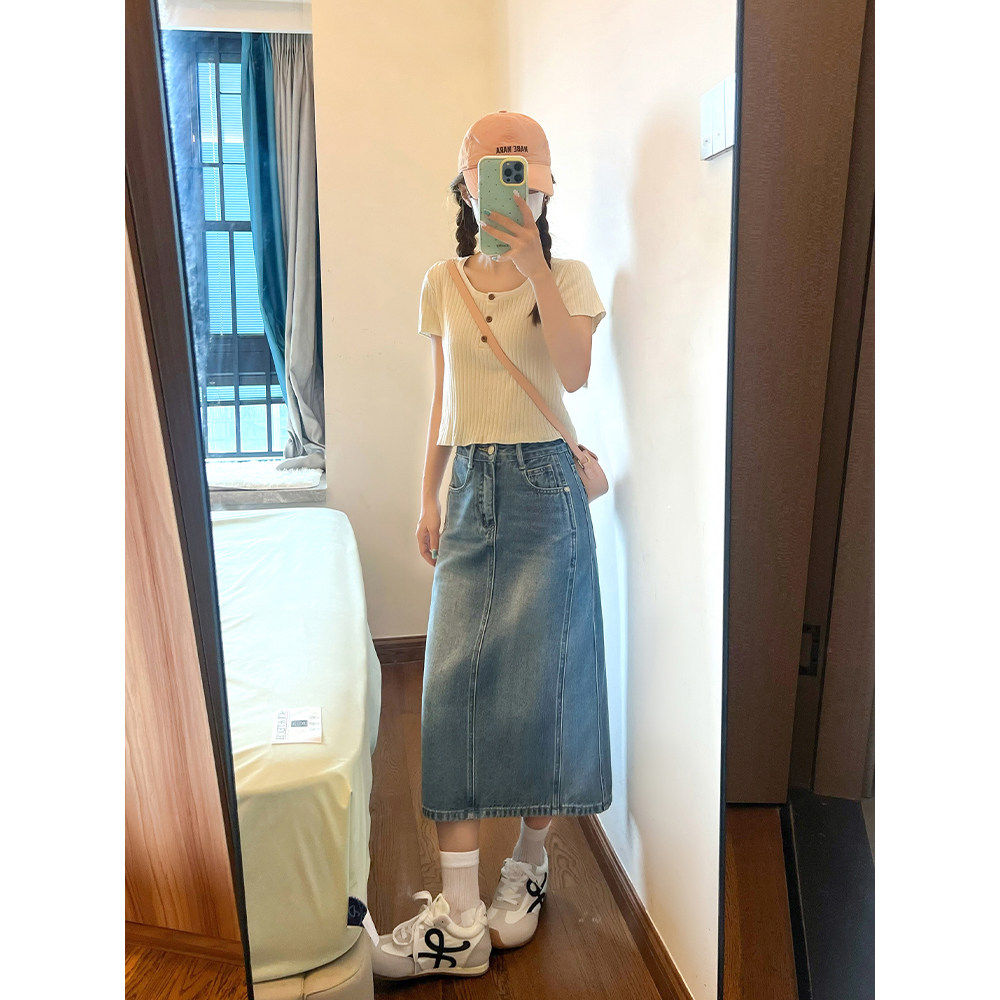 王家有鱼小个子春夏季新款中长裙显瘦薄款复古A字牛仔半身裙女款