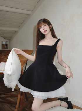 avenement/方领拼接网纱无袖连衣裙蓬蓬裙气质撞色芭蕾风女夏