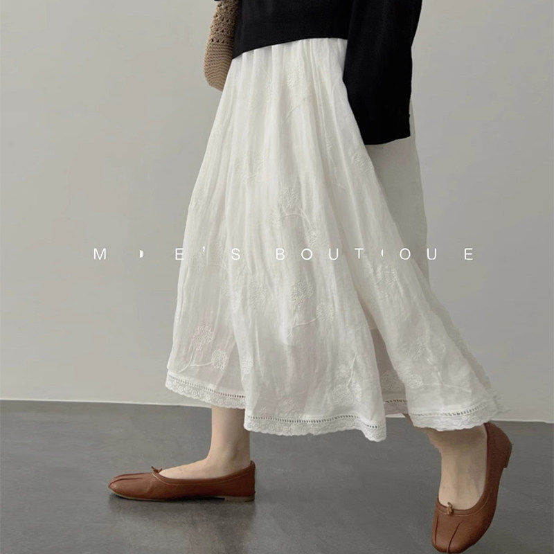 白色蕾丝花边半身裙女春秋夏季小个子垂感高腰a字裙刺绣伞裙子