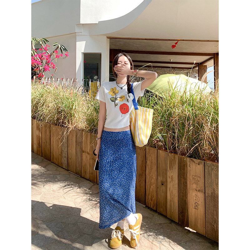 曾小咸韩系多巴胺蓝色碎花半身裙女夏季裙子云南穿搭海边度假长裙
