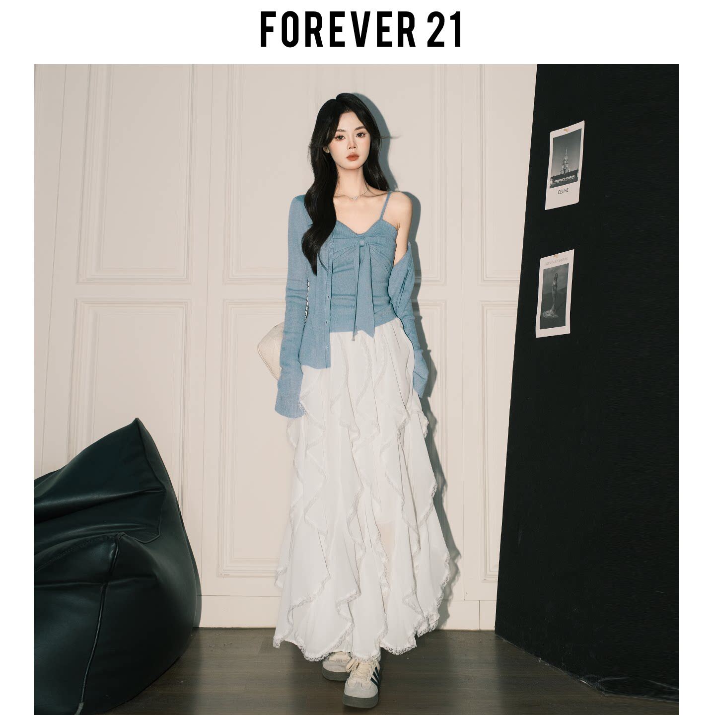 Forever21法式绝美荷叶边白色半身裙女春高腰A字大摆休闲垂感长裙