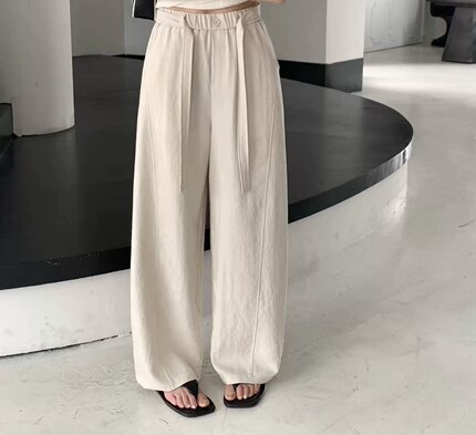 EJM韩系2026夏款棉麻时尚休闲弯刀阔腿裤女宽松显瘦显高抗皱裤女