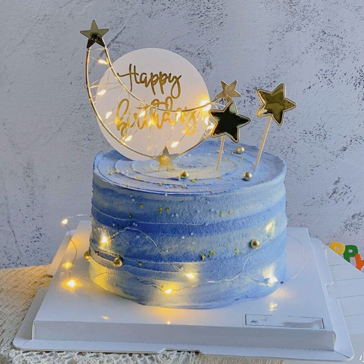 唯美铁艺星星月亮 蛋糕装饰生日插牌 皇冠暖灯镜面球蛋糕装饰摆件