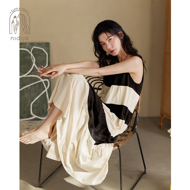 妮狄娅2023睡衣睡裙女夏季纯棉套头无袖条纹宽松中长款外穿背心裙