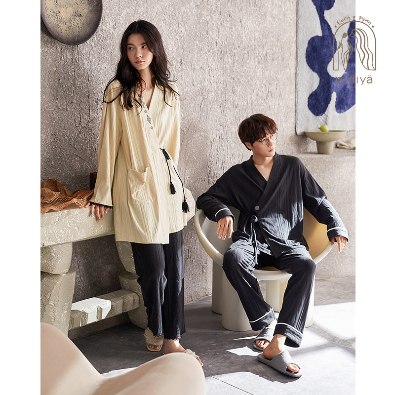 妮狄娅2021情侣睡衣女秋季纯棉长袖春秋男日式睡袍长裤家居服套装