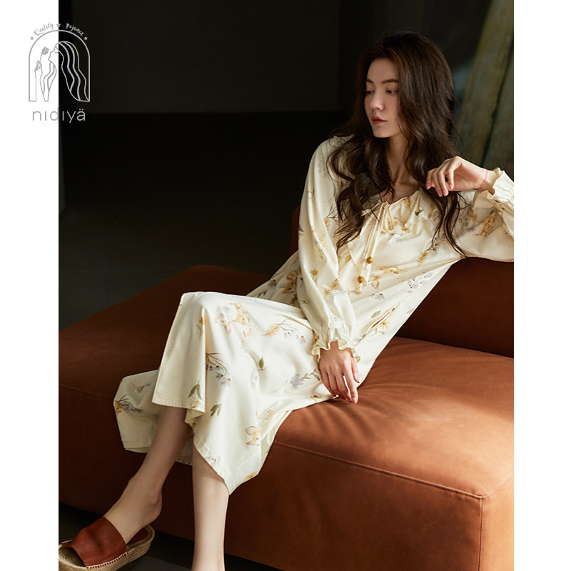 妮狄娅睡衣睡裙女秋季纯棉长袖开衫甜美少女宽松中长裙春秋家居服