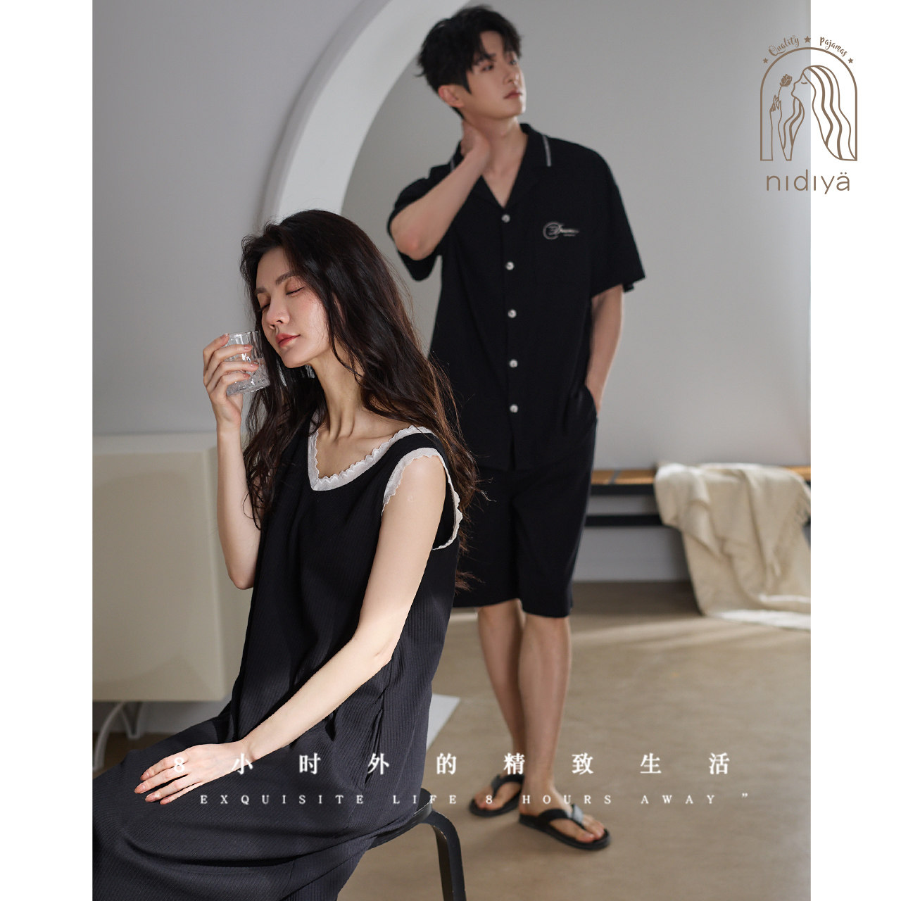 妮狄娅情侣睡衣女夏季纯棉薄款显瘦背心裙男纯色开衫款家居服套装