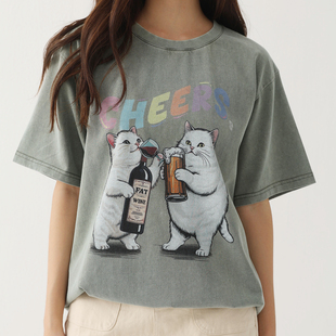 李喜猫LIXIMAO原创猫咪印花做旧美式显瘦短袖正肩休闲上衣T恤