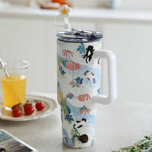 李喜猫可爱猫咪双层不锈钢保温保冰大容量手柄汽车杯吸管杯冰霸杯