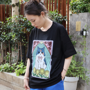 7折!李喜猫LIXIMAO原创可爱猫咪塔罗牌ins韩版纯棉短袖情侣T恤