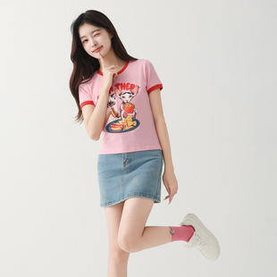 李喜猫LIXIMAO原创猫咪印花短款紧身美式显瘦微弹短袖休闲女上衣