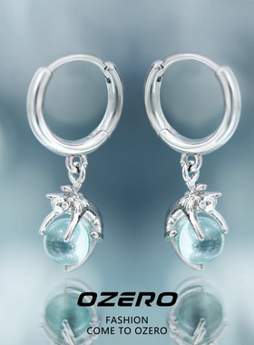 夏日蓝色水晶球小猫耳环耳扣小众设计高级感圈圈耳饰甜酷耳钉