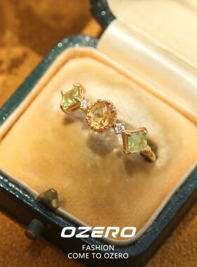 仿天然黄水晶戒指女复古橄榄石