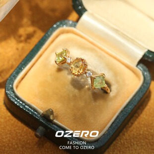 小众优雅设计仿天然黄水晶戒指女简约复古橄榄石气质高级感指环