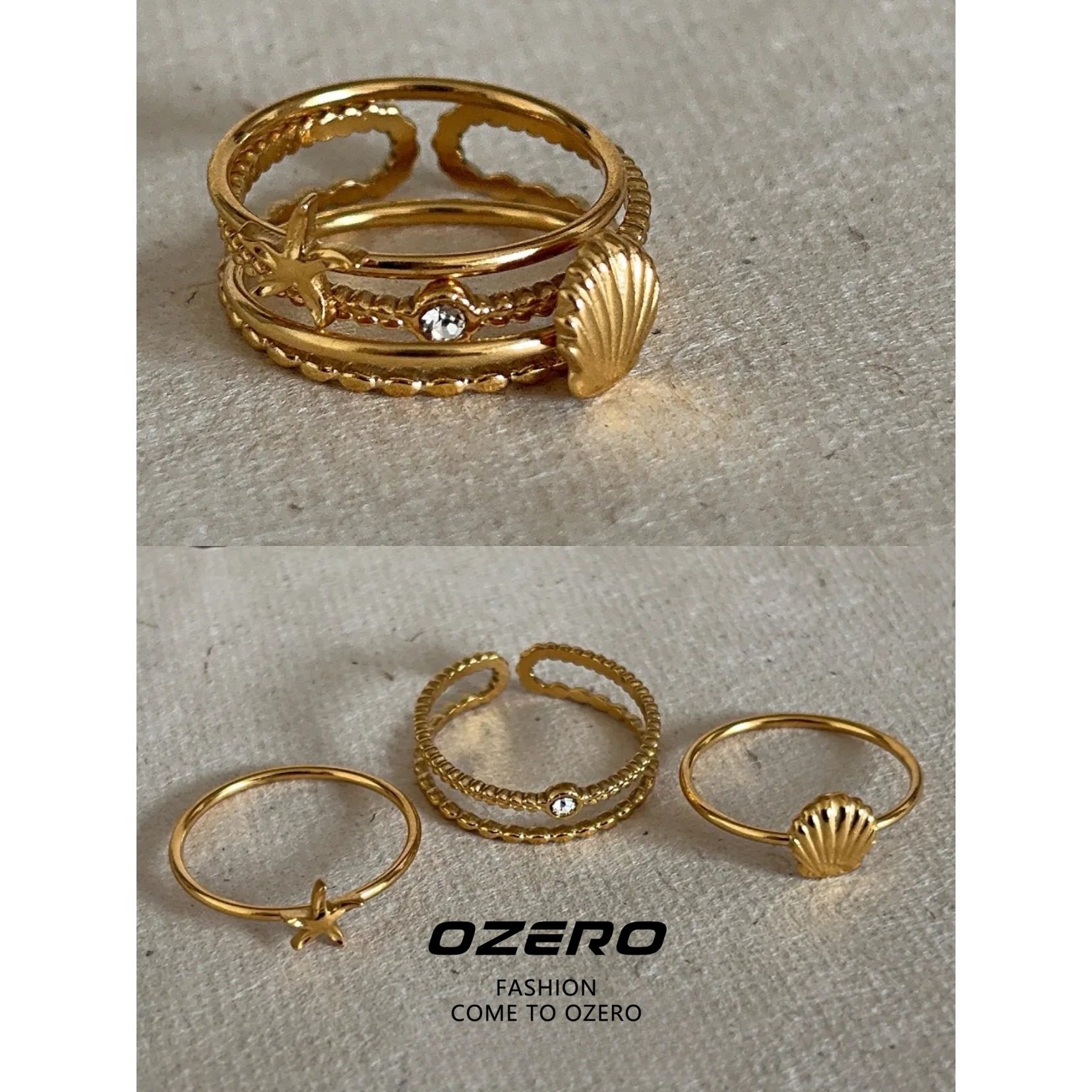 金色小众钛钢叠戴戒指镀18K