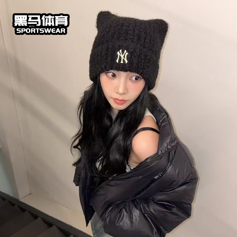 MLB专柜正品毛线帽25秋冬新款保暖可爱猫耳女款帽针织帽3ABNB1156