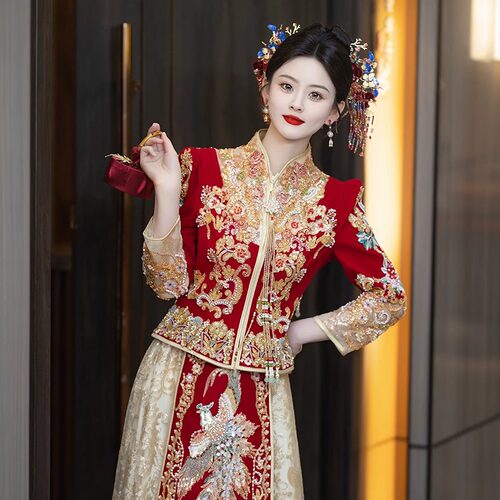 2026高级婚服秀禾服新款出阁嫁衣旗袍香槟金超轻薄显瘦烫金刺绣