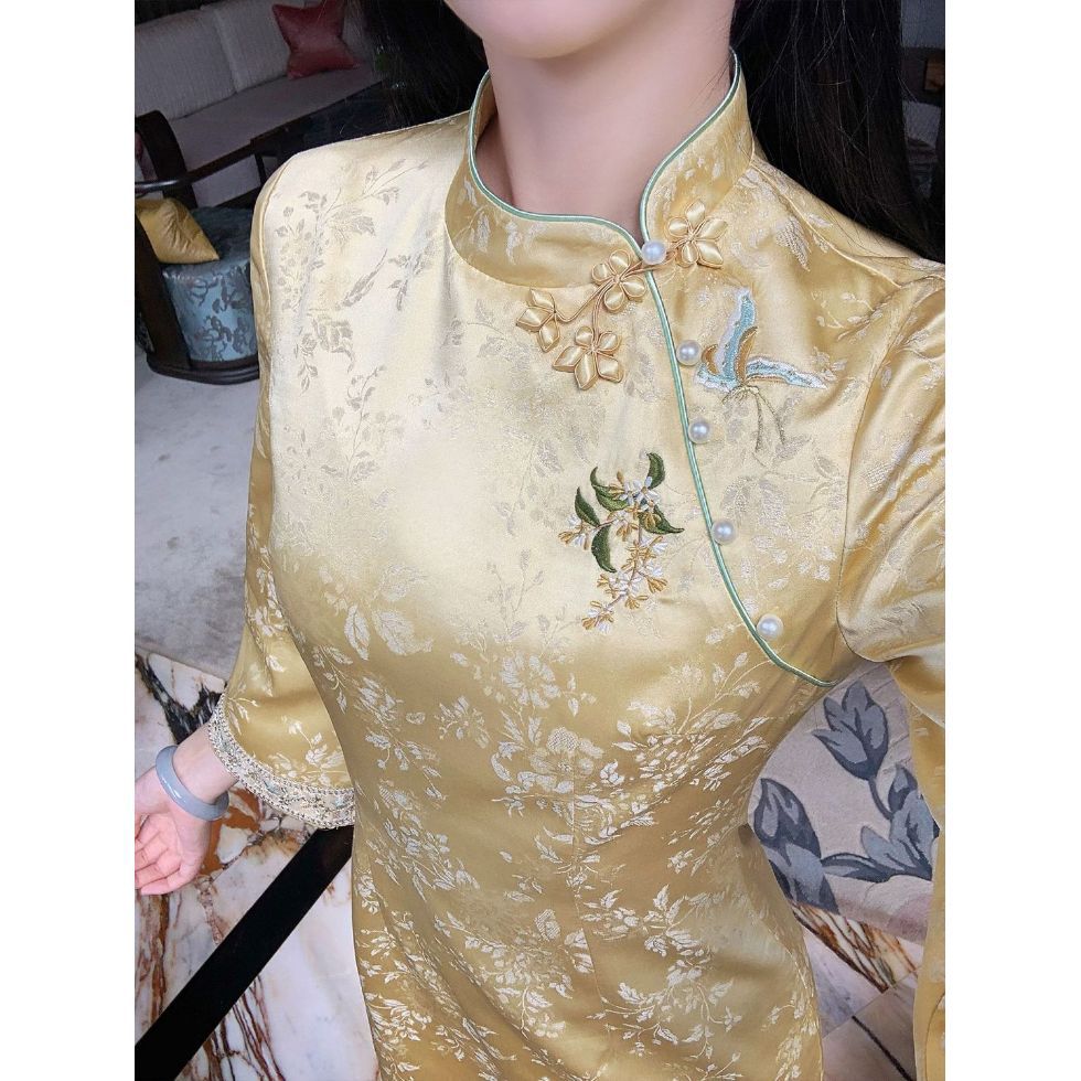 秋冬新款提花刺绣绝美长袖修身连衣裙壁华'新中式缎面改良旗袍女