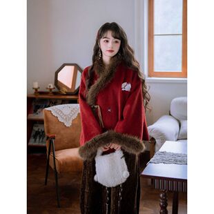 【绮想喵喵】国风刺绣毛呢外套女旗袍2026年新款冬季加厚保暖订婚