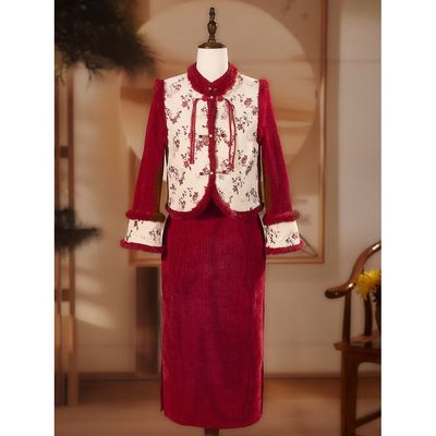 红色敬酒服秋冬新娘礼服加绒厚马甲两件套新年战袍回门结婚连衣裙