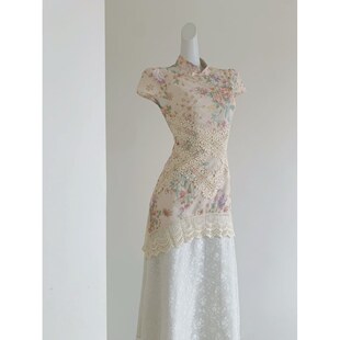 【月华】新中式改良旗袍女夏蕾丝假两件绝美镂空碎花度假连衣裙