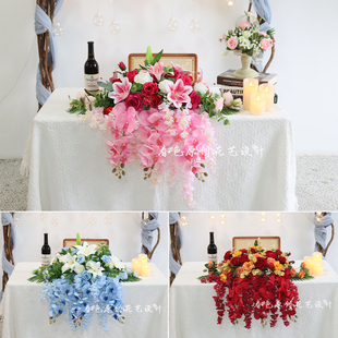 会议桌摆花平放式讲台花仿真花公司前台摆件签约桌花迎宾签到花艺