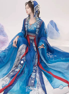 新款【蓝染】汉服套装女蓝色刺绣唯美战国袍大袖齐腰异型花边古装