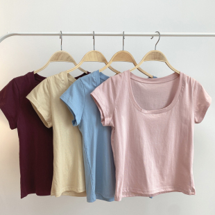 大u领纯欲锁骨显瘦宽松上衣春夏短袖 型神t 版 T恤 我穿过zui好