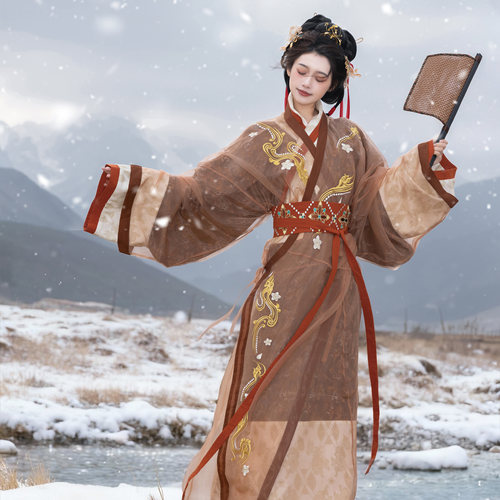 花朝记｜杜衡｜汉服西汉马王堆素纱襌衣直裾袍腰封绣花印花传统风
