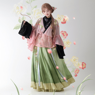 花朝记|露粉香浓|晋制汉服荷叶缘边半袖破裙天丝绣花粉绿公主风