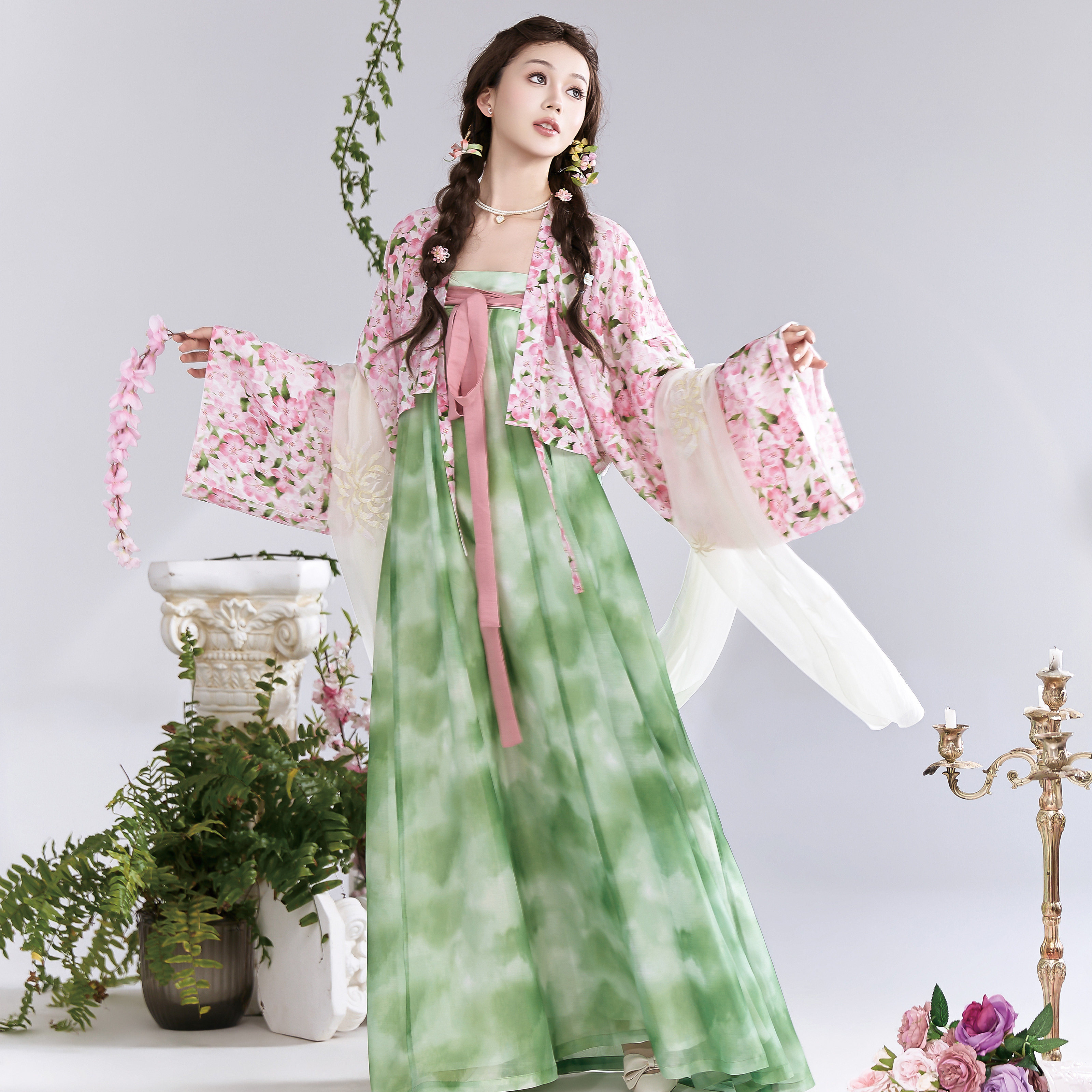 花朝记|花时|唐制汉服法门寺披衫齐胸交窬裙粉绿色人棉折衷春夏