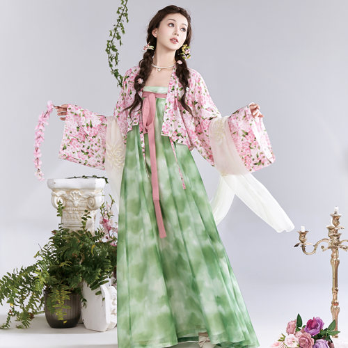 花朝记｜花时｜唐制汉服法门寺披衫齐胸交窬裙粉绿色人棉折衷春夏