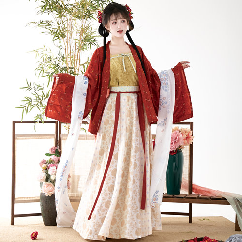 花朝记｜山茶｜晋制汉服褶衣交窬裙吊带披帛天丝红色印花传统日常