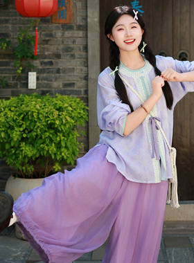 花朝记｜朗月｜明制汉服圆领对襟衫弓袋袖绿色紫色天丝日常风春夏