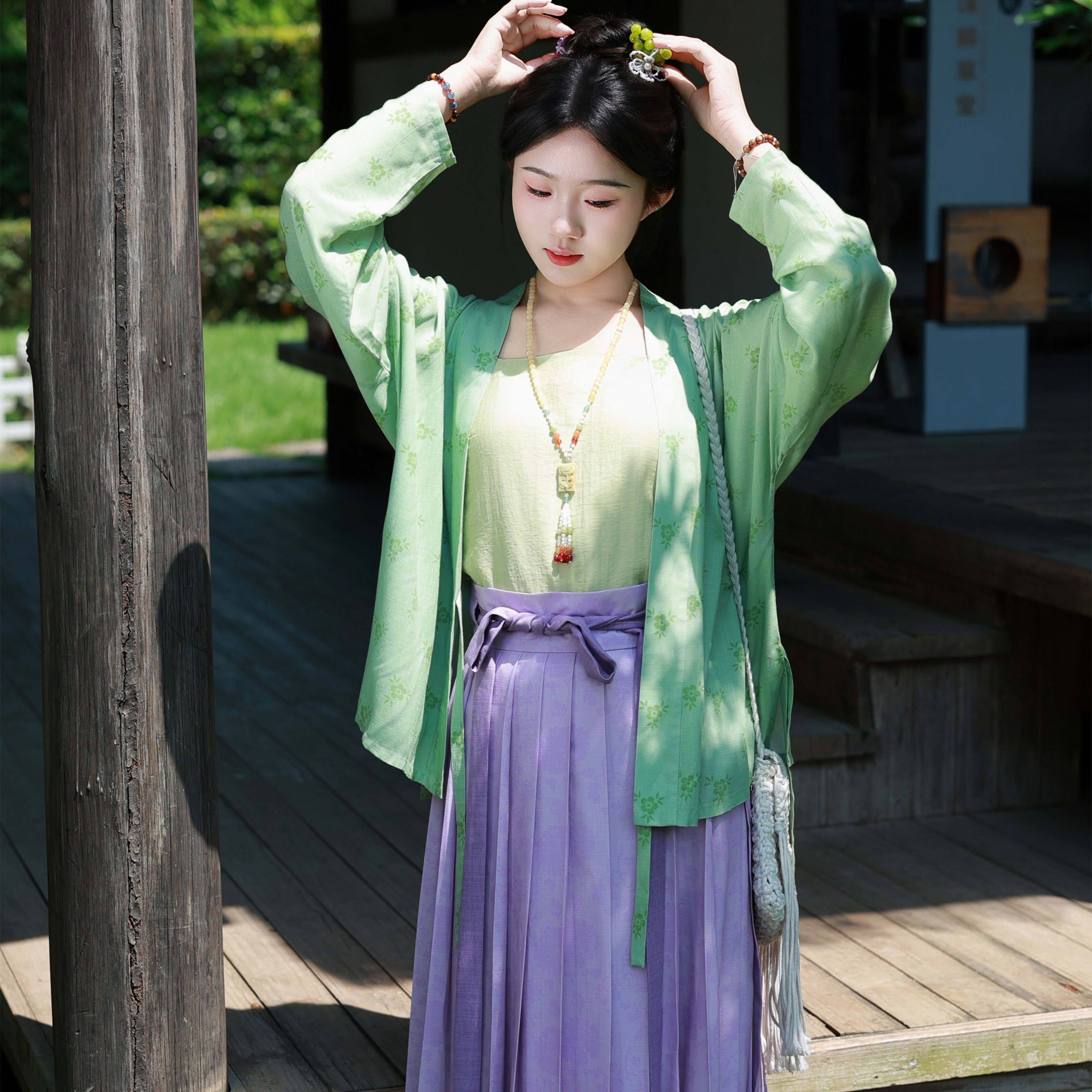 花朝记｜玉萄｜宋制汉服对襟衫褶裙吊带人棉印花绿色紫色日常春夏图片