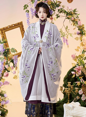 花朝记｜花间灵玑熊猫｜晚明汉服披风立领大襟衫马面裙绣花传统春