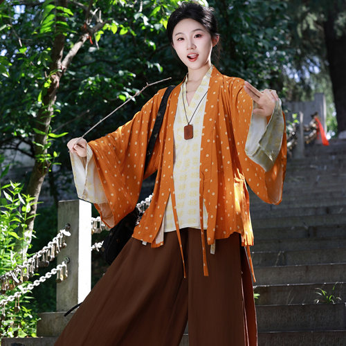 花朝记｜霜柿｜晋制汉服晋襦半袖阔腿裤印花天丝人棉橘色日常秋装