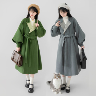 花朝记｜抒情诗｜唐制汉服元 素圆领袍毛呢大衣灰色绿色百搭日常风