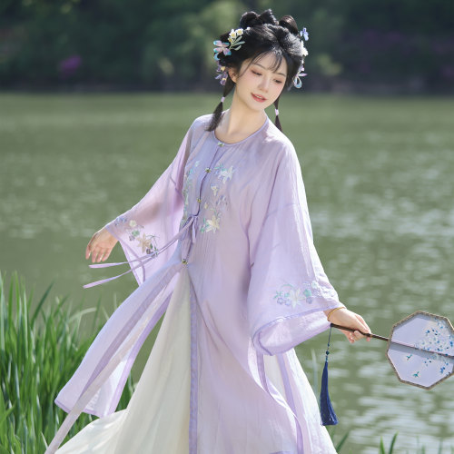 花朝记｜雪玉｜明制汉服圆领对襟长衫马面裙天丝紫色绣花日常春夏
