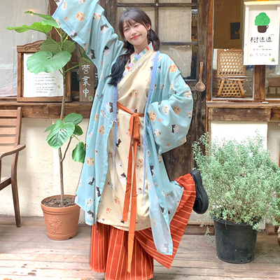 花朝记｜猫猫头｜汉服西汉直裾襌衣阔腿裤蓝色印花日常休闲风春秋