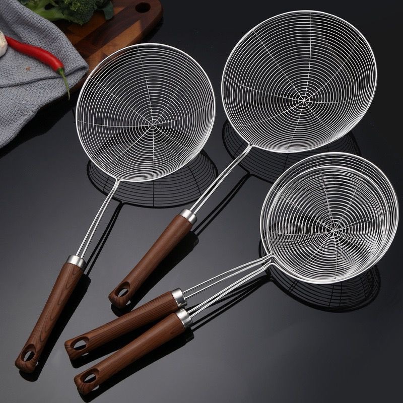 家用不锈钢网漏木纹柄漏勺捞饺子捞面油炸过滤网漏可挂式火锅线漏