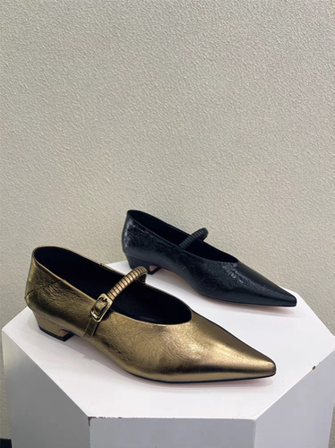 0新款真皮尖头浅口单鞋女粗跟鞋软皮橡胶软底舒适百搭通勤鞋