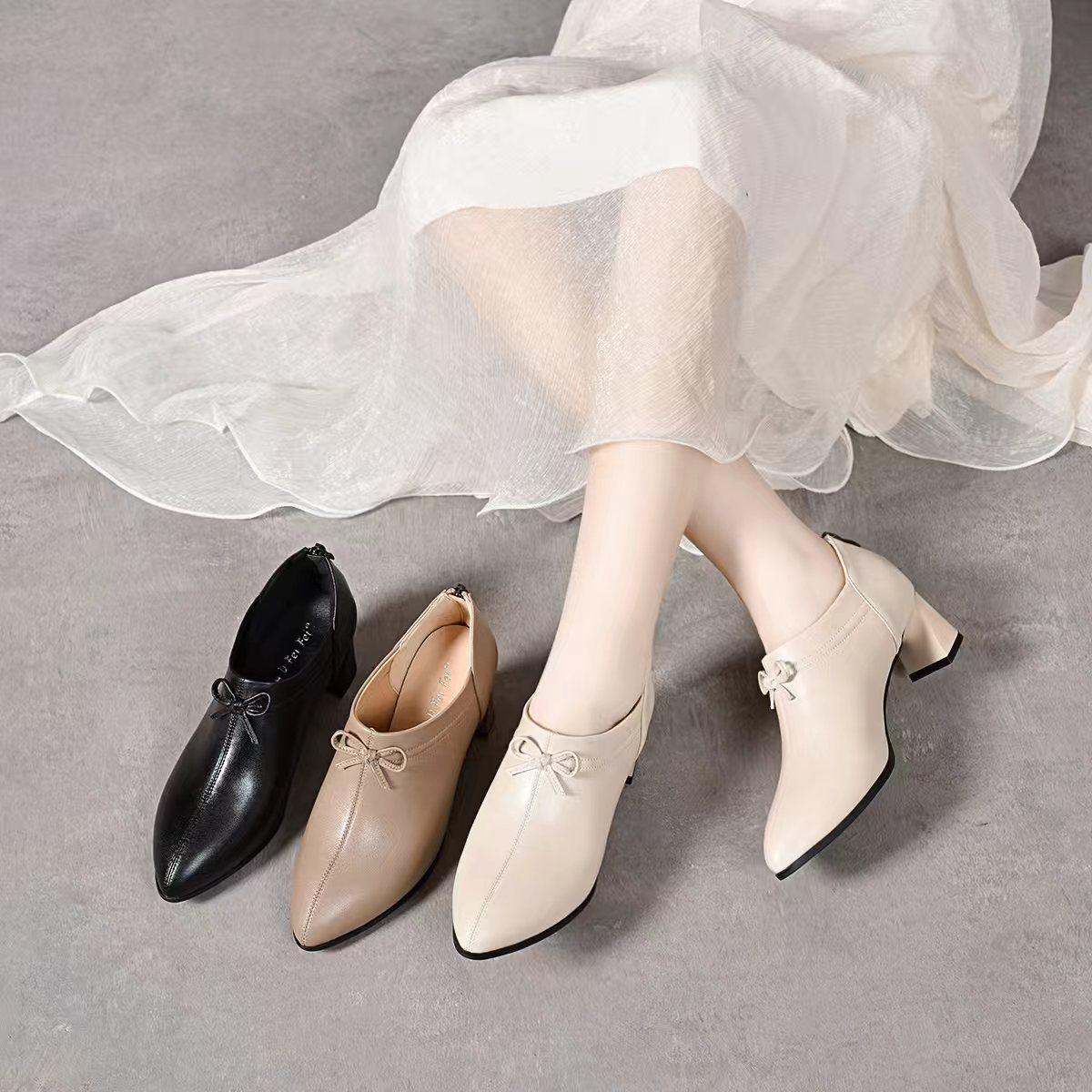 春秋新款真皮女鞋中跟尖头舒适软底皮鞋后拉链深口单鞋,女鞋,深口单鞋,淘宝优惠券,粉丝福利购,淘宝优惠卷