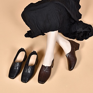 方头单鞋女春秋新款一脚蹬粗跟深口女鞋欧美风高跟鞋羊皮时装鞋