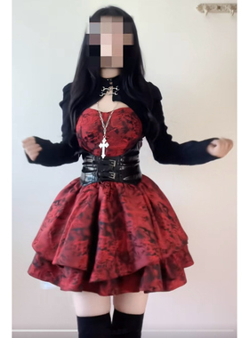 重工提花收腰蓬蓬裙红色吊带连衣裙带胸垫暗黑哥特风万圣节生日裙